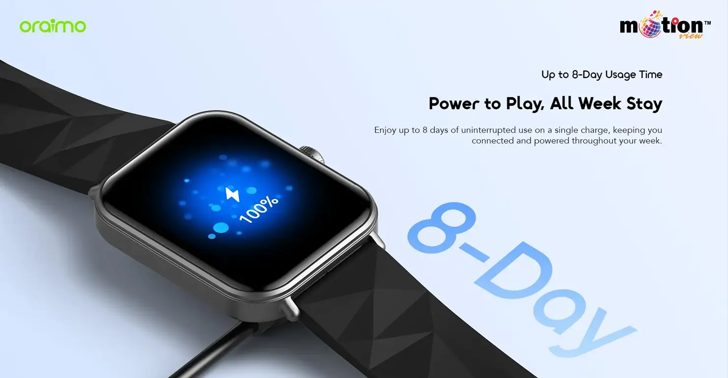 oraimo Watch Nova 2 Lite OSW-814L smartwatch charging to 100 percent demonstrating its efficient up to 8-day usage time