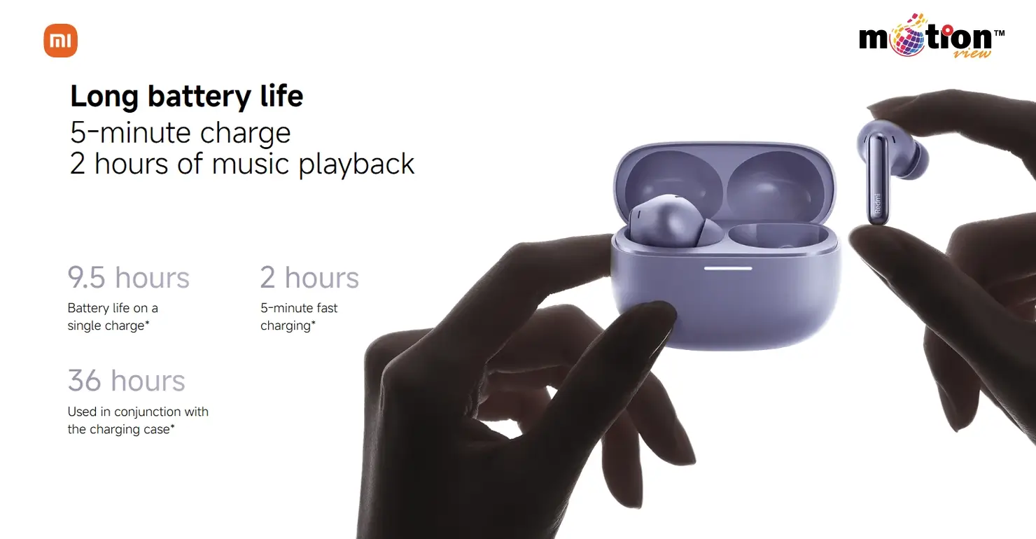 Redmi Buds 6 Pro battery life details showing 36 hours total playback and 5-minute fast charging for 2 hours of music.