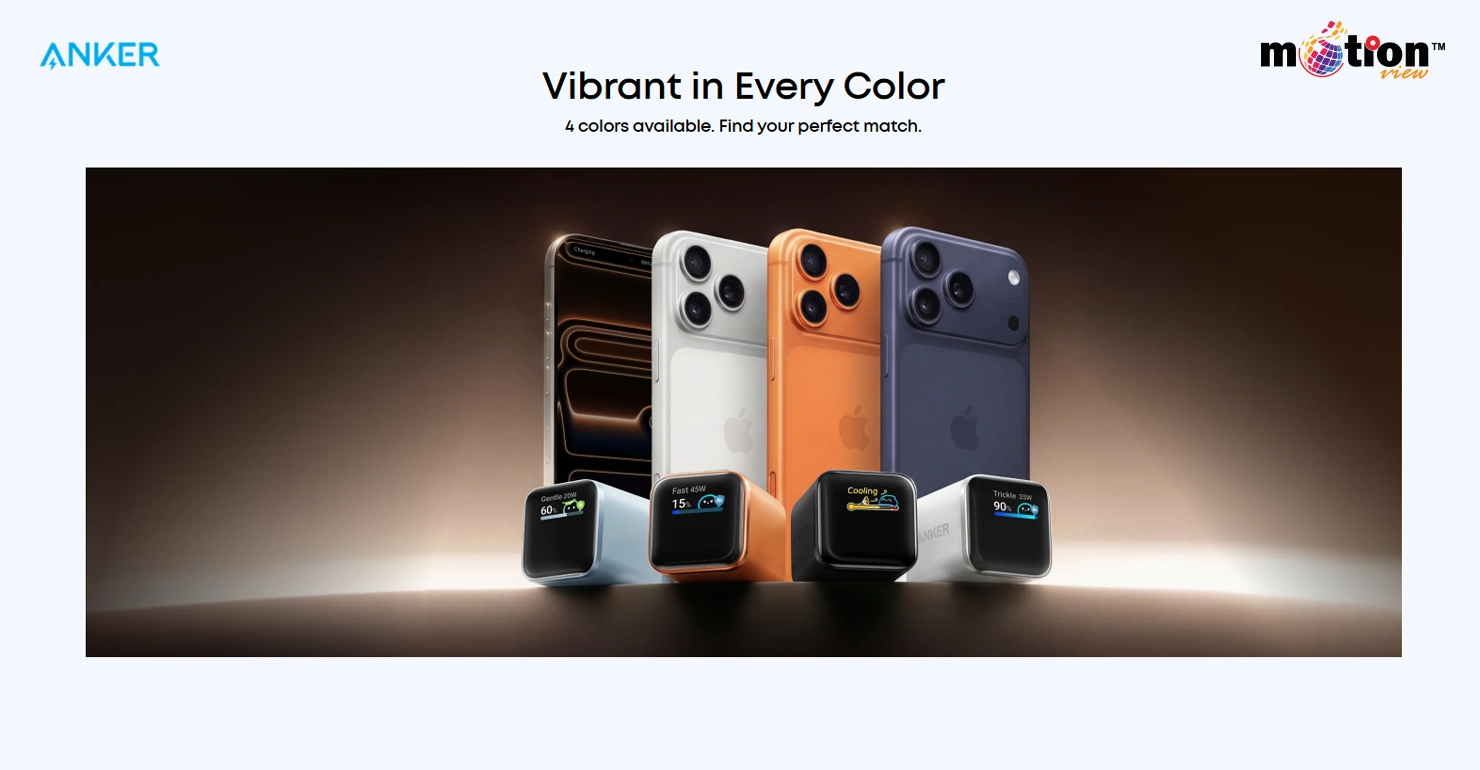 Four color options of Anker Nano 45W Smart Display Chargers paired with matching iPhone 17 series smartphones.