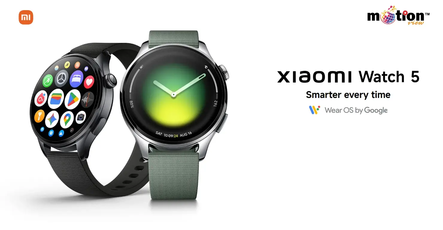 Xiaomi Watch 5 featuring Wear OS by Google with circular AMOLED display and premium green and black straps.