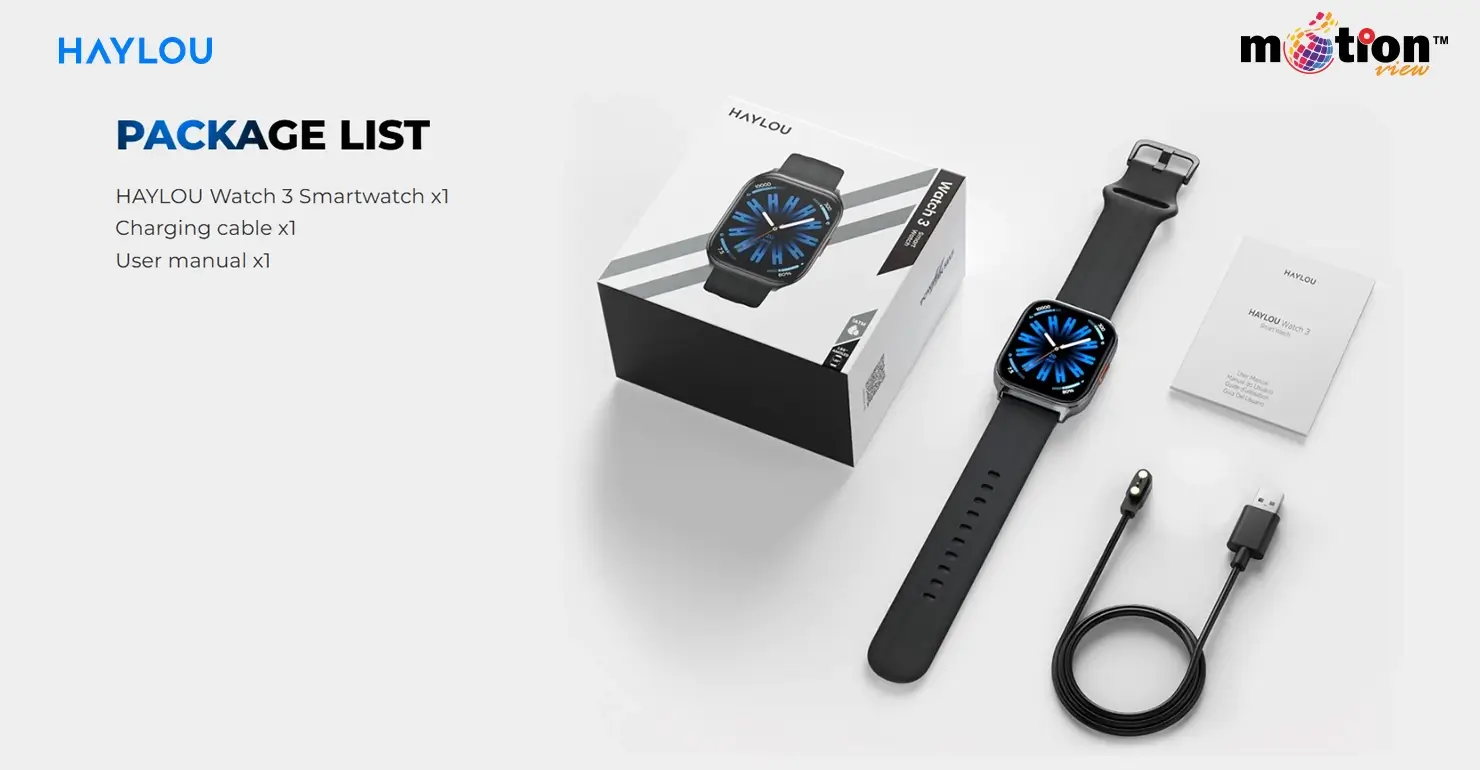 HAYLOU Watch 3 package list including smartwatch, charging cable, and manual