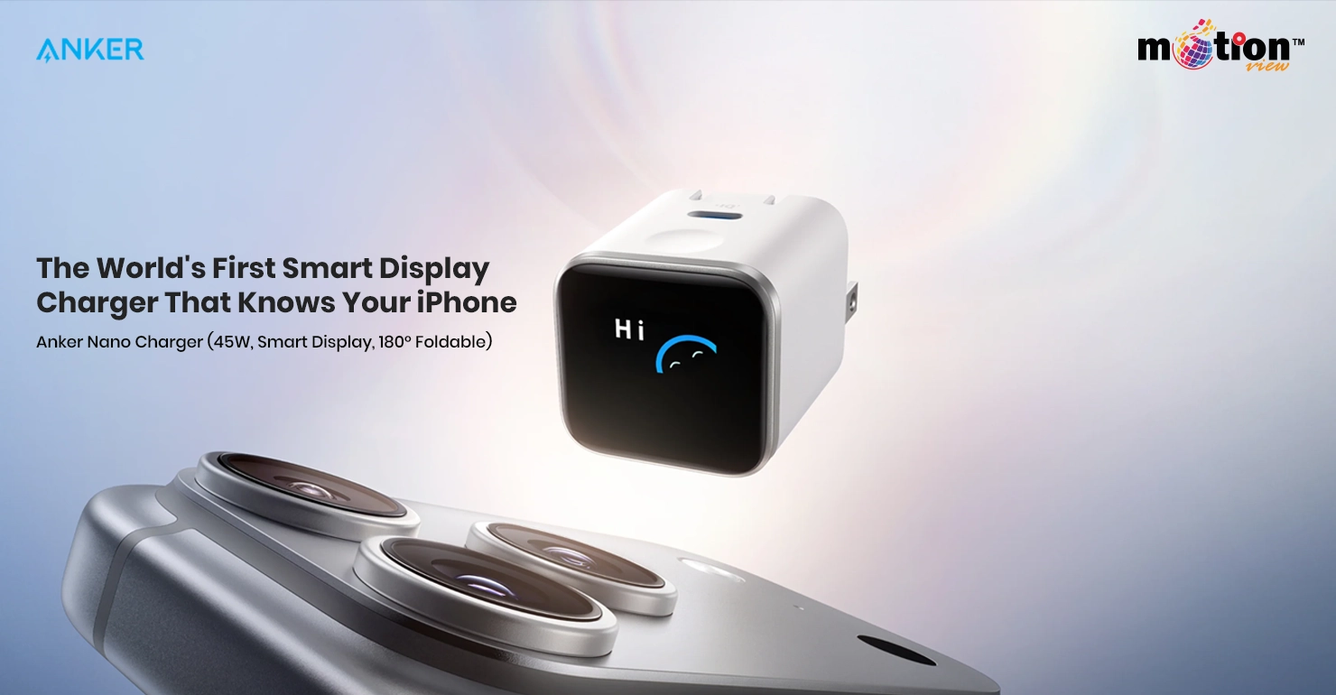 White Anker Nano 45W Smart Display Charger featuring an interactive 'Hi' emoji screen next to an iPhone.