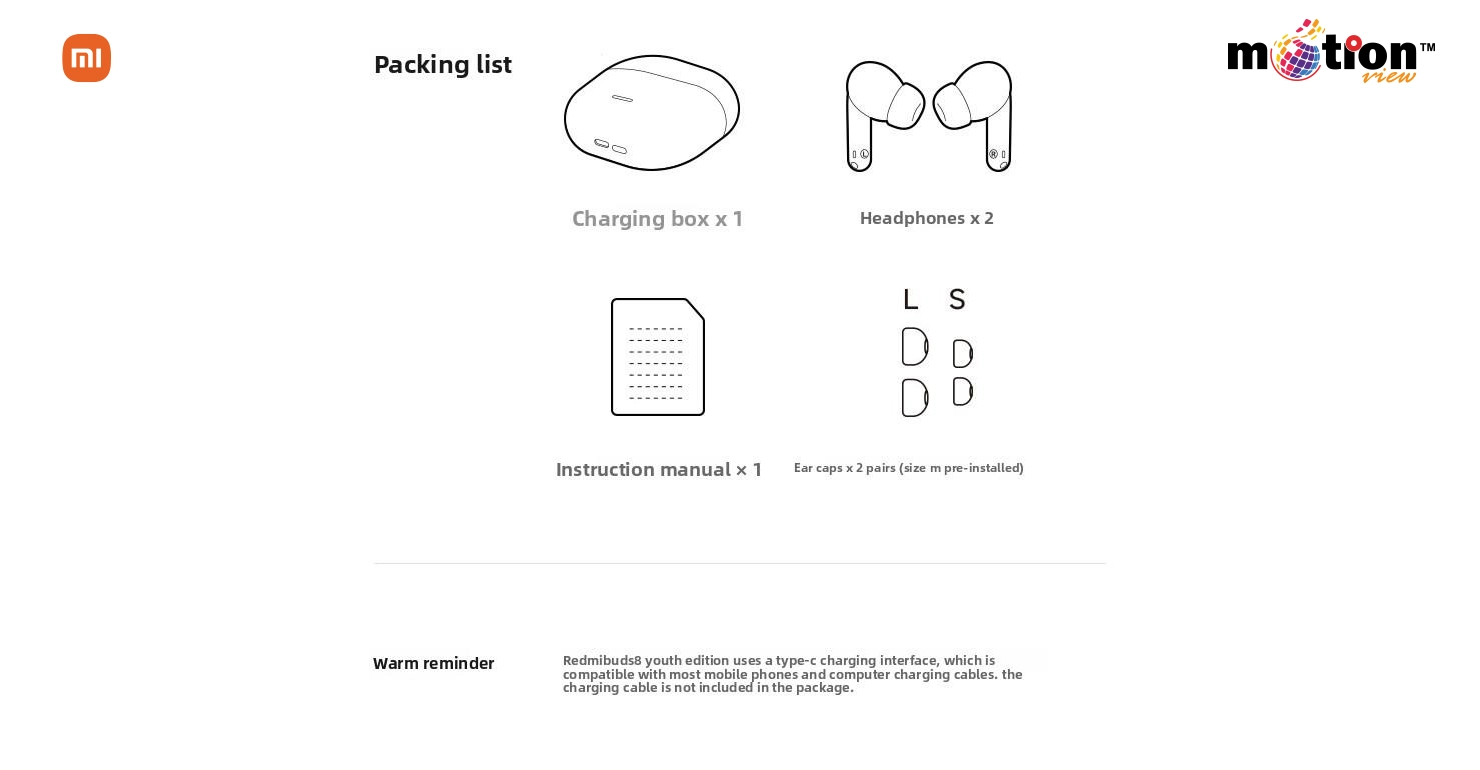 Packing list for Xiaomi Redmi Buds 8 Youth Edition including charging box, headphones, ear caps, and manual.