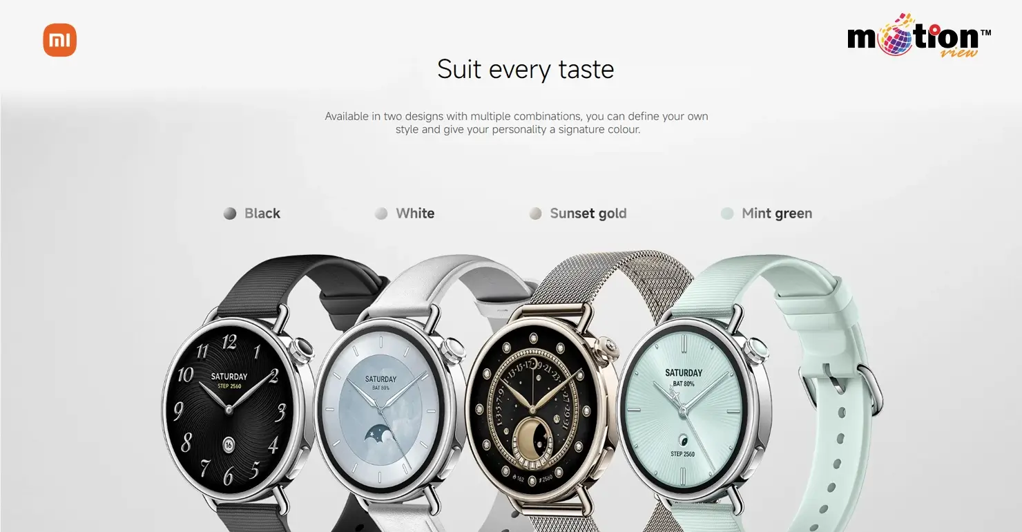 Xiaomi Watch S4 41mm Smart Watch color options including Black, White, Sunset Gold, and Mint Green.