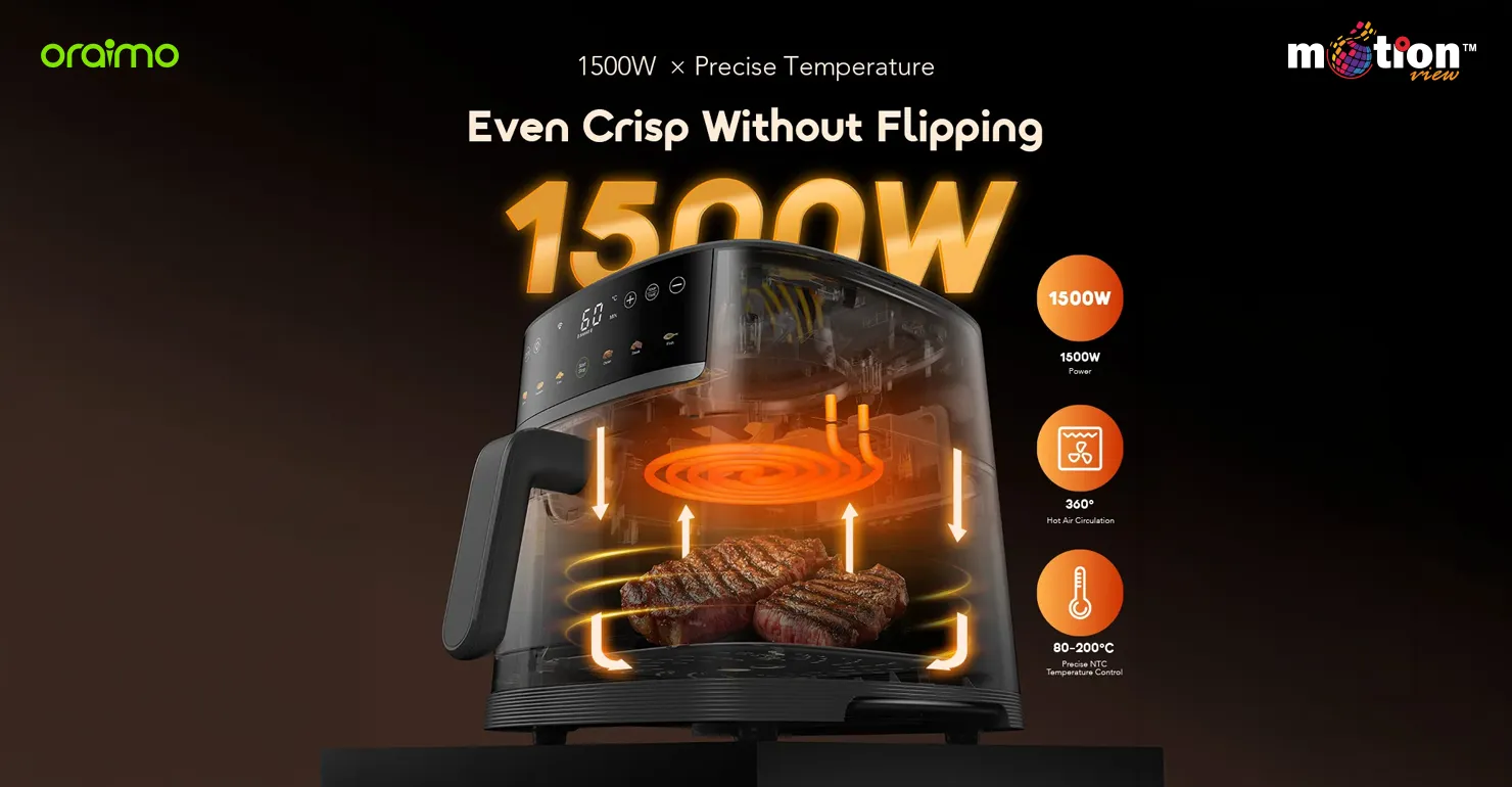 Transparent cutaway view of the Oraimo NutriFry S1 Ultra demonstrating its 1500W power, 360-degree hot air circulation, and 80 to 200 degree precise temperature control for even cooking.