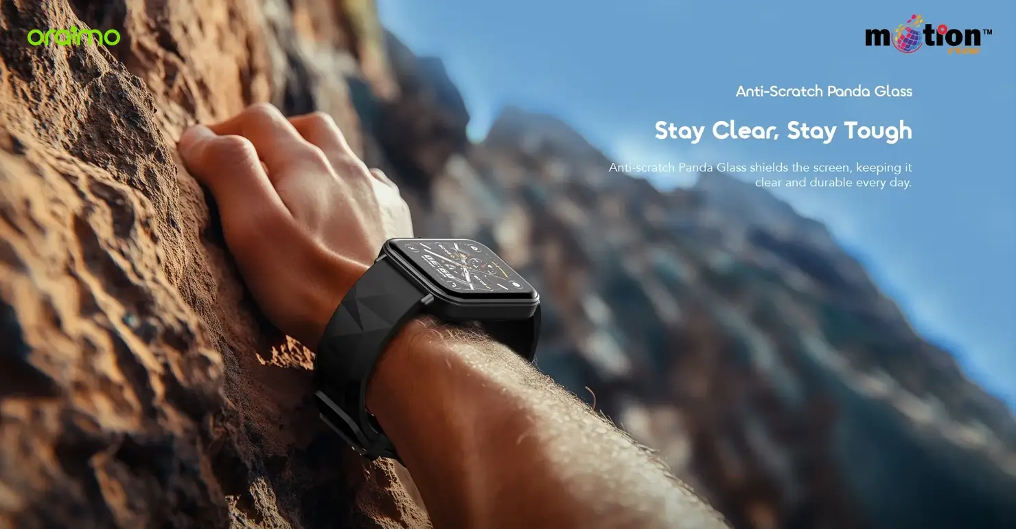 Rock climber wearing the oraimo Watch Nova 2 Lite OSW-814L demonstrating the extreme durability of its anti-scratch Panda Glass