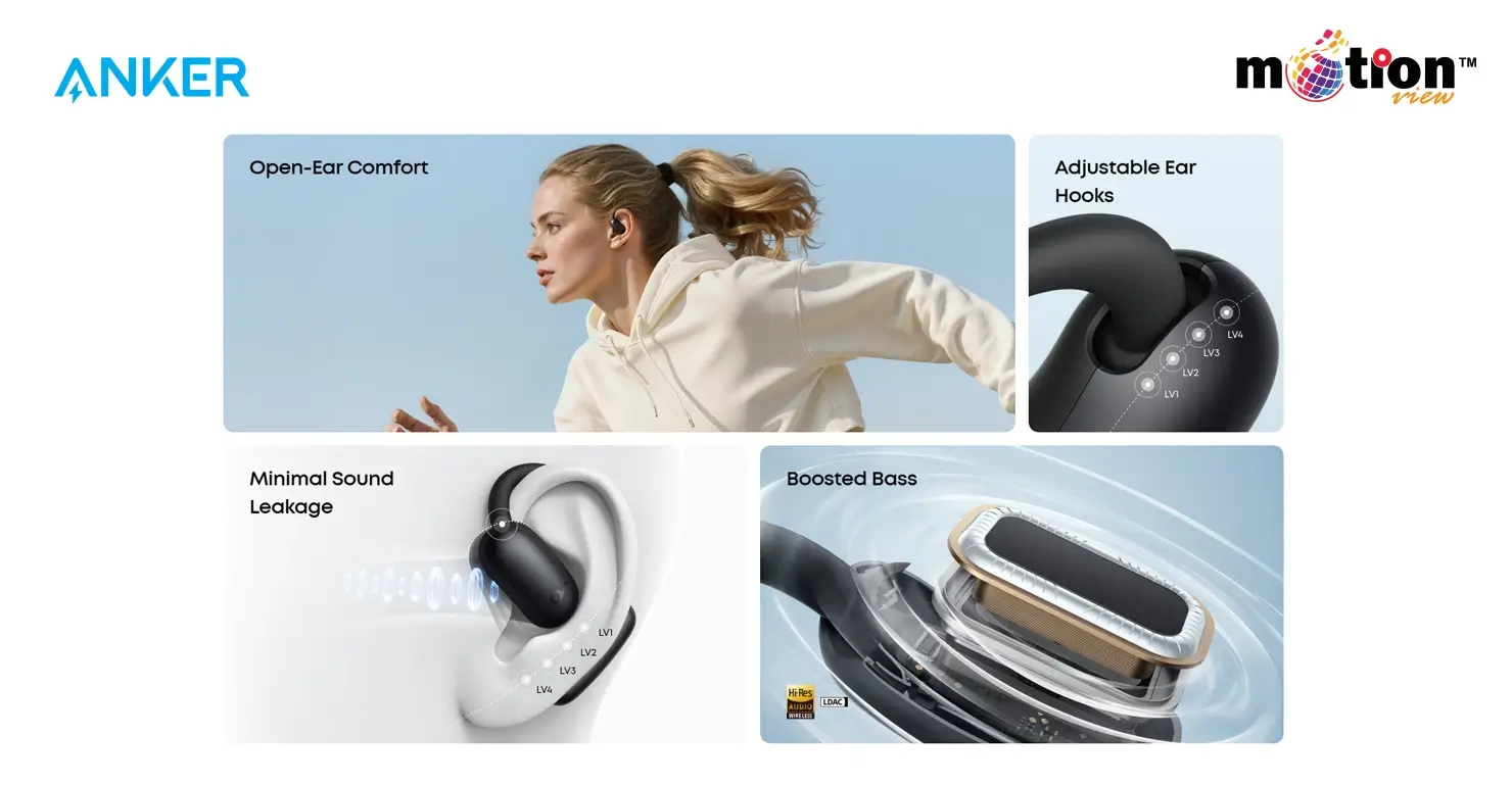 Soundcore AeroFit 2 open-ear headphones highlighting adjustable ear hooks, boosted bass, and minimal sound leakage.