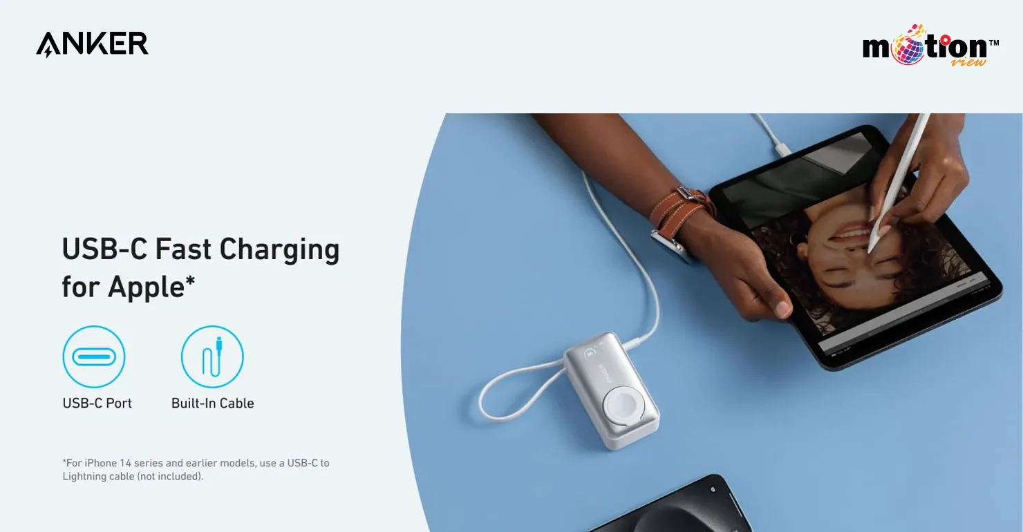 Top-down view of a person using an iPad while it fast charges via the built-in USB-C cable of the Anker MagGo 10K Power Bank