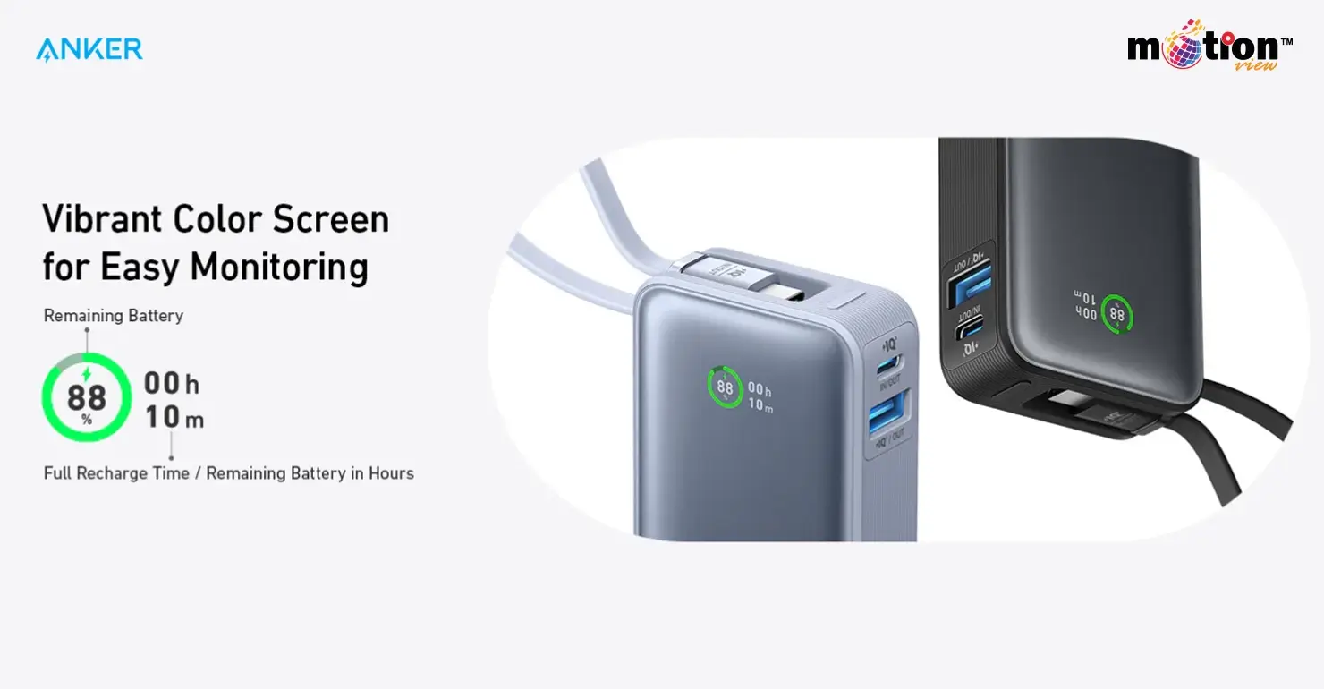 Vibrant color screen on Anker Nano Power Bank displaying remaining battery percentage and estimated recharge time.