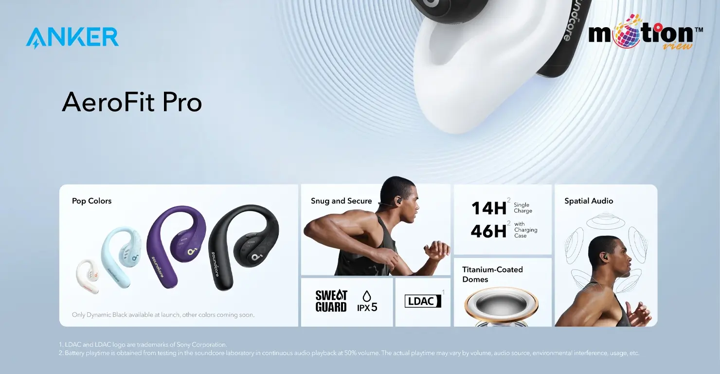 Soundcore AeroFit Pro features: 46-hour total battery, spatial audio, IPX5 water resistance, and titanium-coated domes.