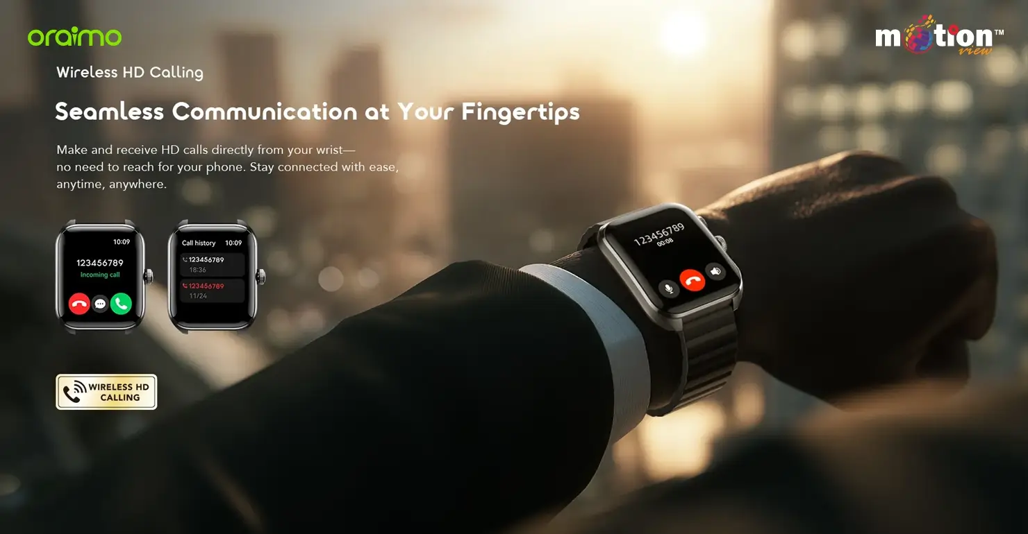 A professional wearing the oraimo Watch Nova 2 and using the Wireless HD Calling feature to seamlessly receive a phone call on their wrist.