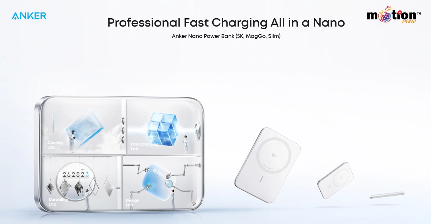 Anker Nano Power Bank (5K, MagGo, Slim) marketing banner showcasing professional fast charging and design labs for cooling, durability, and testing.