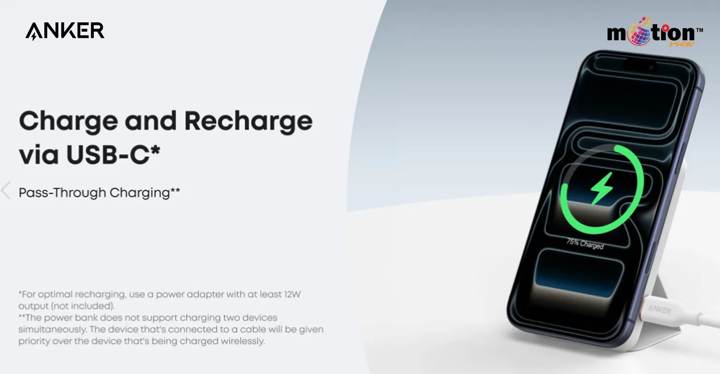 An iPhone wirelessly charging on the Anker 622 MagGo Magnetic 5000mAh Battery while plugged in, demonstrating convenient USB-C pass-through charging