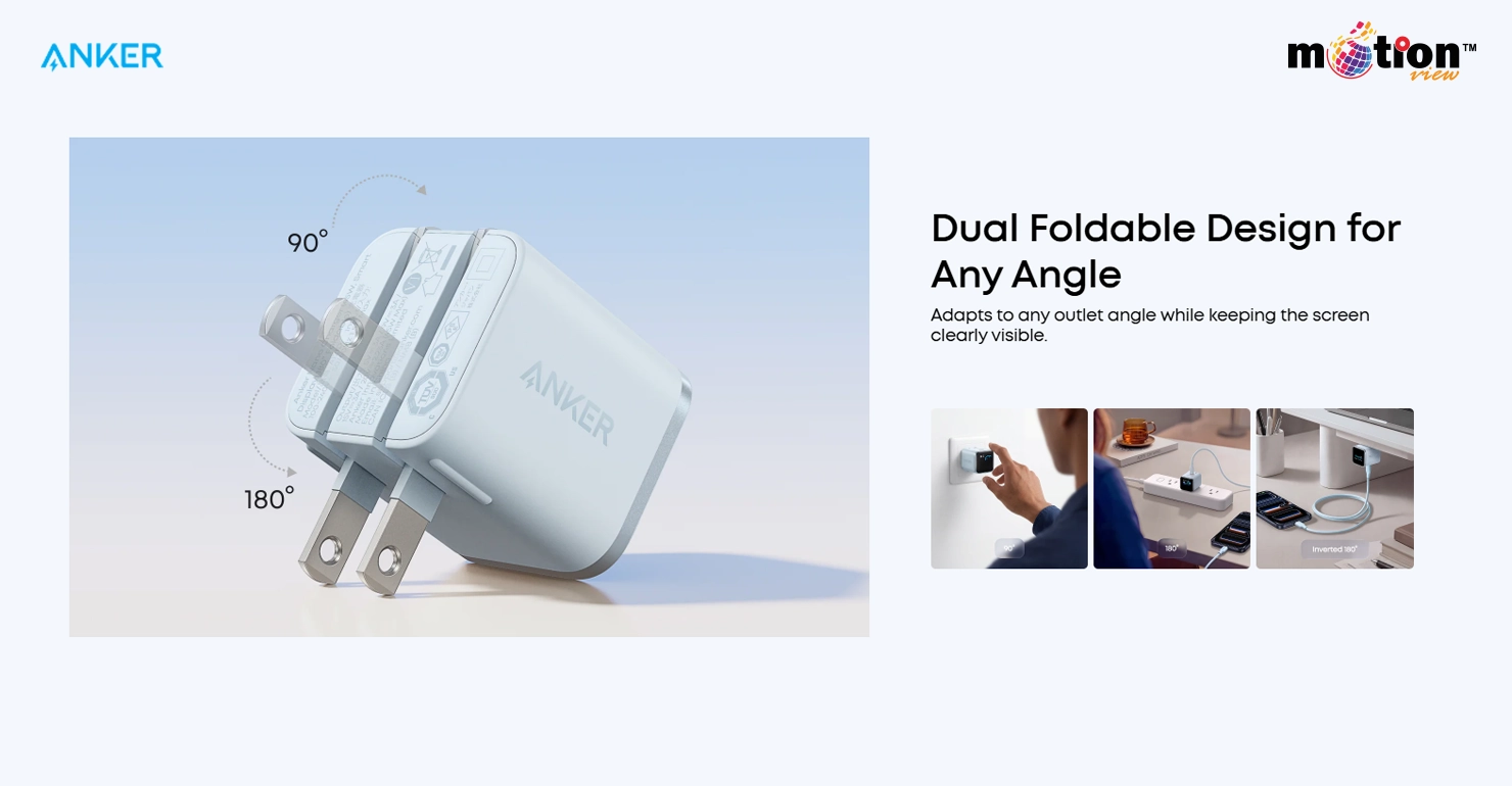Anker Nano 45W Charger with 180-degree foldable dual prongs for flexible outlet positioning.