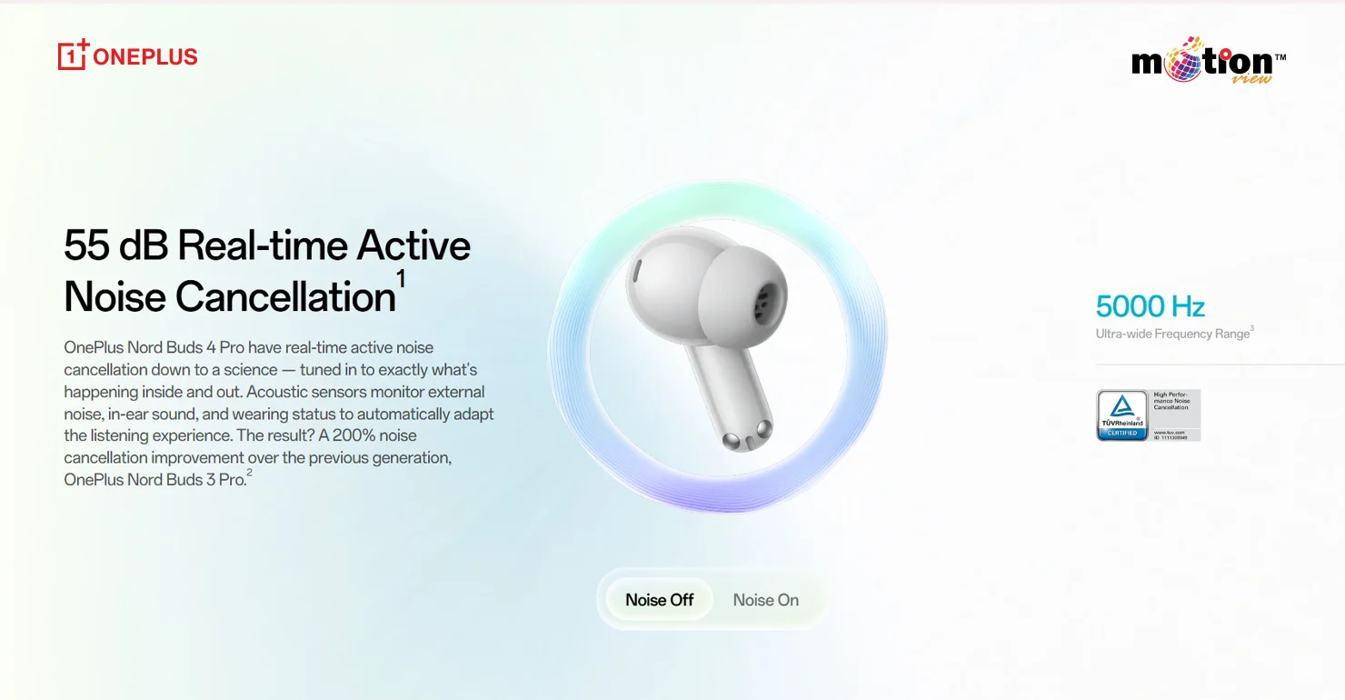 OnePlus Nord Buds 4 Pro 55dB real-time Active Noise Cancellation with TÜV Rheinland certification