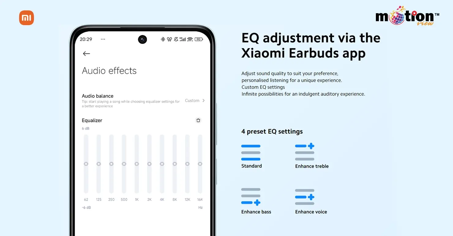 Xiaomi Earbuds app interface showing 4 preset EQ settings and custom audio balance for Redmi Buds 6 Lite.