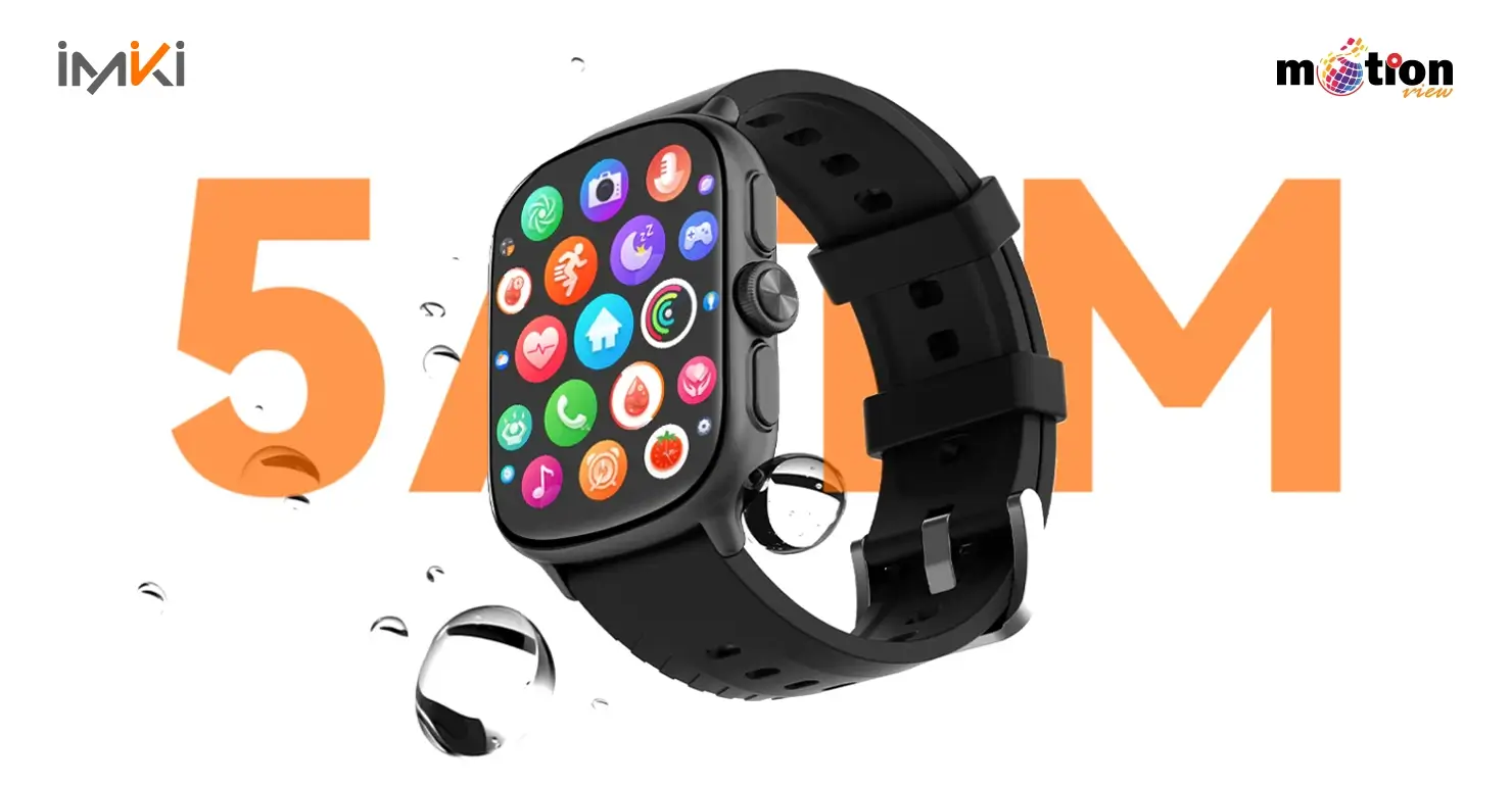 imiki Frame 2 Pro 5ATM waterproof smartwatch with water droplets