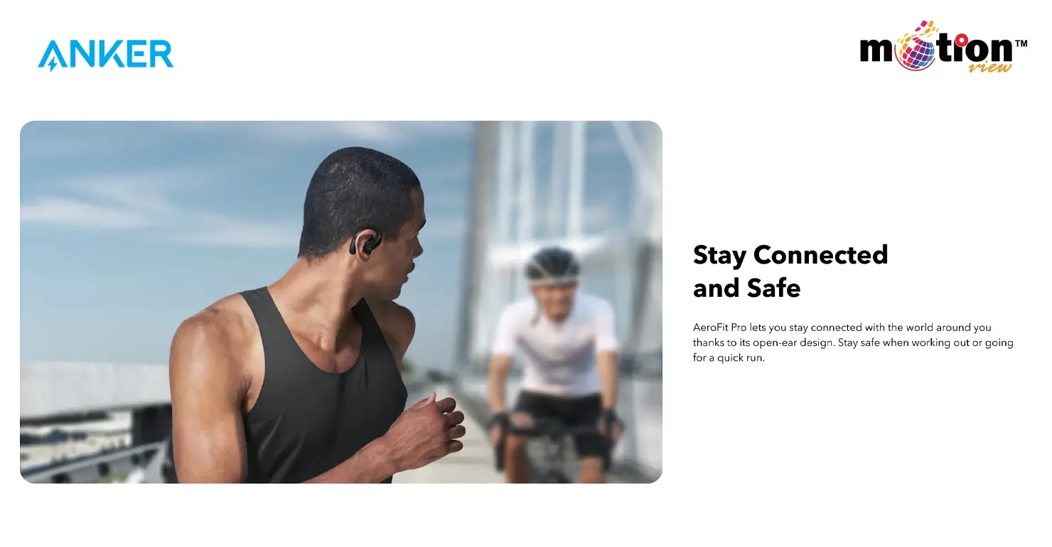 Man running outdoors with Soundcore AeroFit Pro open-ear design for situational awareness and safety.