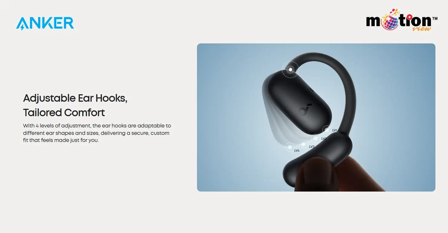 Close-up of Soundcore AeroFit 2 adjustable ear hooks with 4 levels of custom fit for different ear shapes.