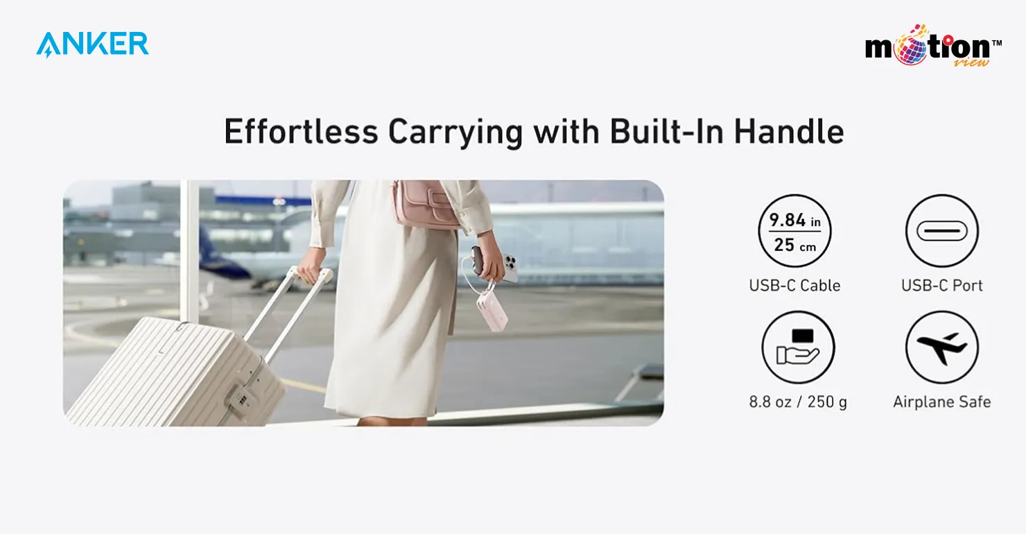 Traveler at an airport easily carrying the airplane-safe Anker 10K Fusion Power Bank by its convenient built-in USB-C cable handle