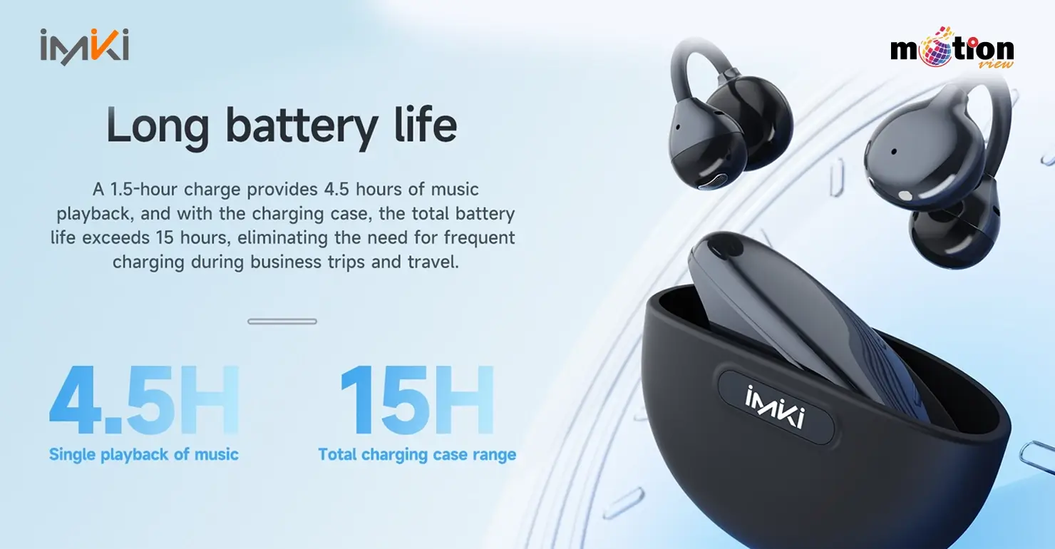 Imiki SP2 battery life details showing 4.5 hours of playback per charge and 15 hours total with the charging case.