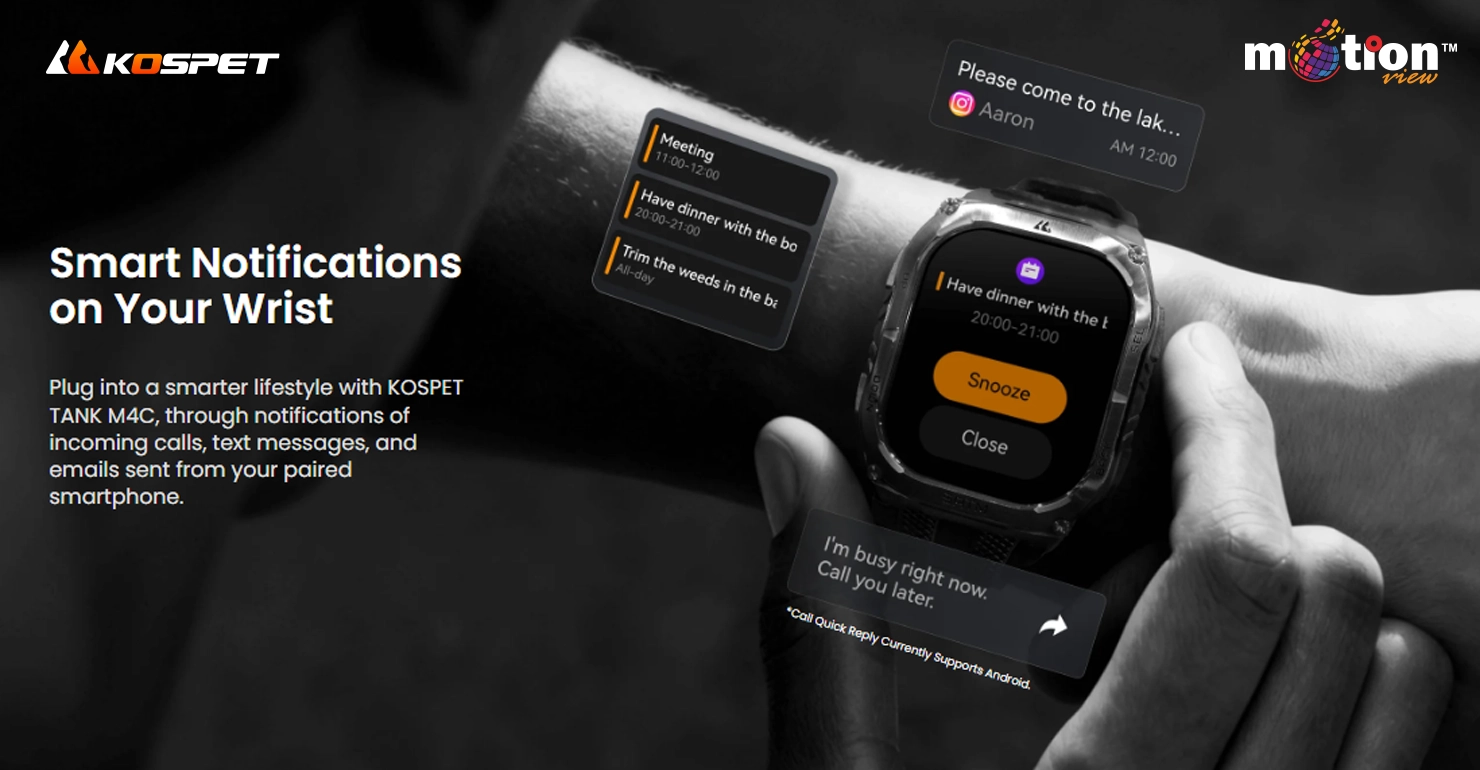 KOSPET TANK M4C Smartwatch displaying smart notifications, calendar events, and quick replies on the wrist