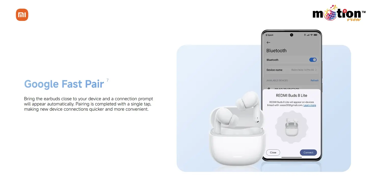 REDMI Buds 8 Lite Google Fast Pair prompt for quick one-tap Bluetooth connection.