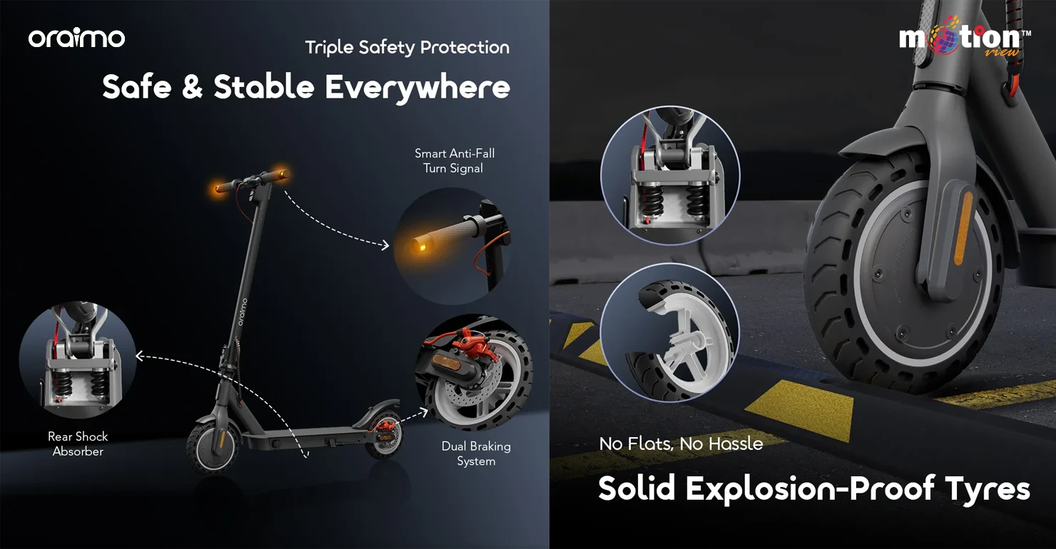 oraimo E-Scooter safety features including smart turn signals, rear shock absorbers, dual brakes, and solid explosion-proof tires.