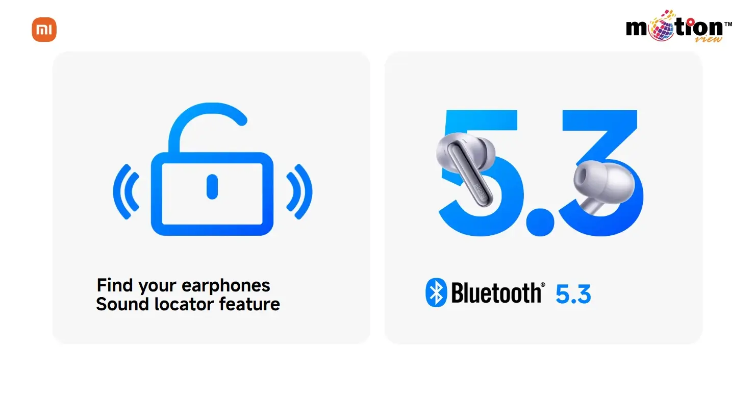 Redmi Buds 6 Pro features showing Bluetooth 5.3 connectivity and sound locator earphone finder.