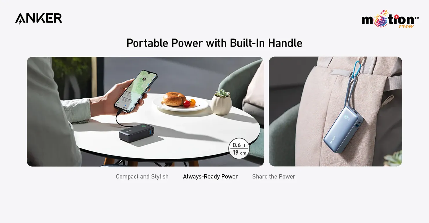 Anker Nano 10K Power Bank easily clipping to a backpack using its durable built-in USB-C cable as a carrying handle
