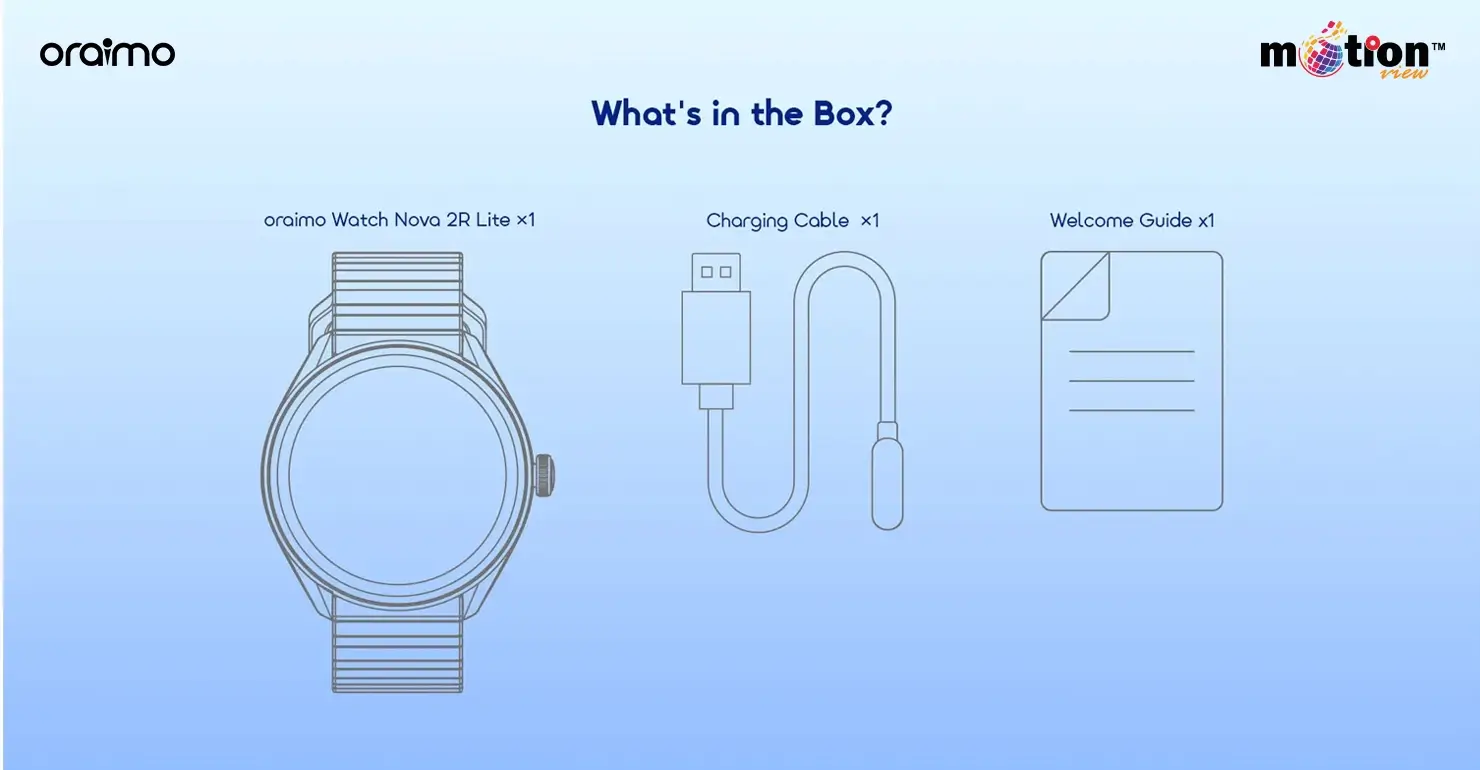 Unboxing contents for the oraimo Watch Nova 2R Lite OSW-824 including the smartwatch, USB charging cable, and welcome guide