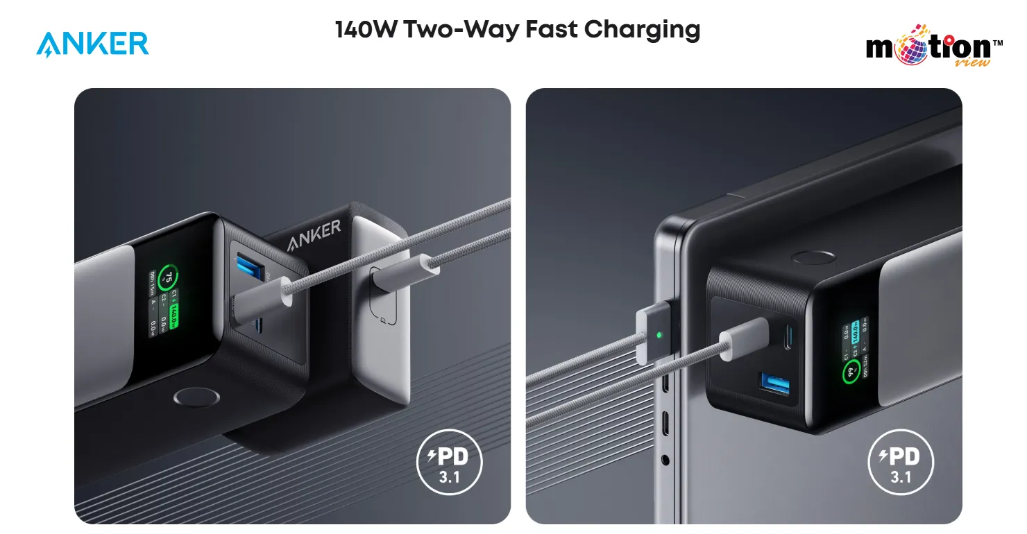 Close-up diagram demonstrating 140W two-way fast charging and Power Delivery 3.1 technology on the Anker 737 Power Bank