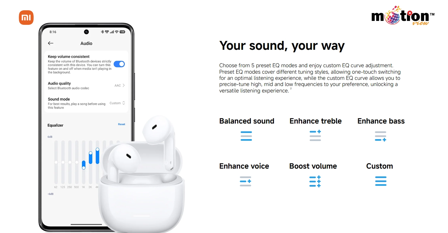 Customizing audio settings and 5 preset EQ modes for Redmi Buds 8 Active via the mobile application.