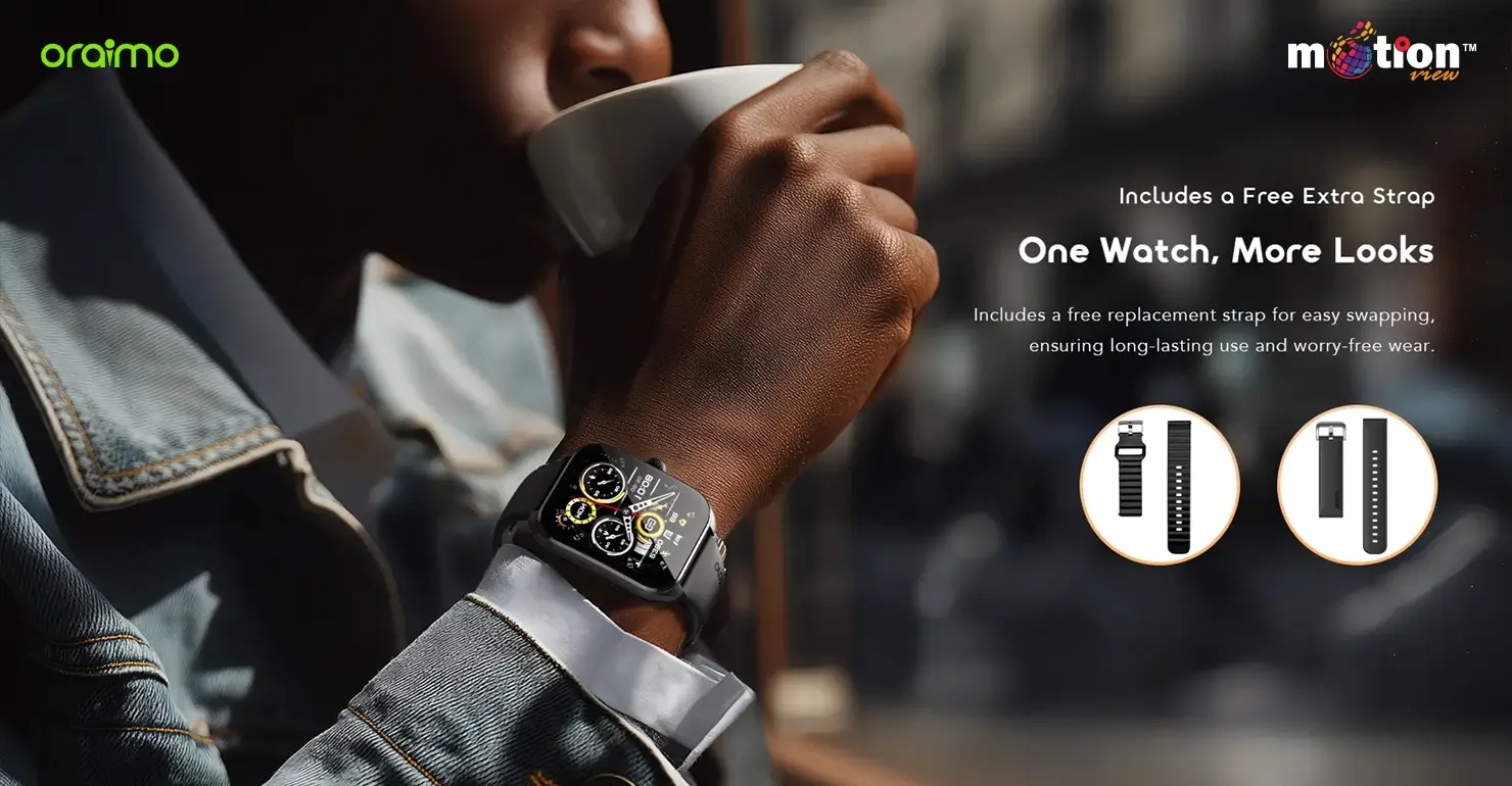 A person wearing the oraimo Watch Nova 2 while drinking coffee, showcasing the included free extra silicone replacement strap for versatile styling.