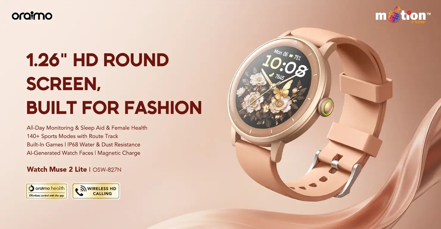 Oraimo Watch Muse 2 Lite in rose gold, highlighting its 1.26-inch HD round screen and fashion-forward design.