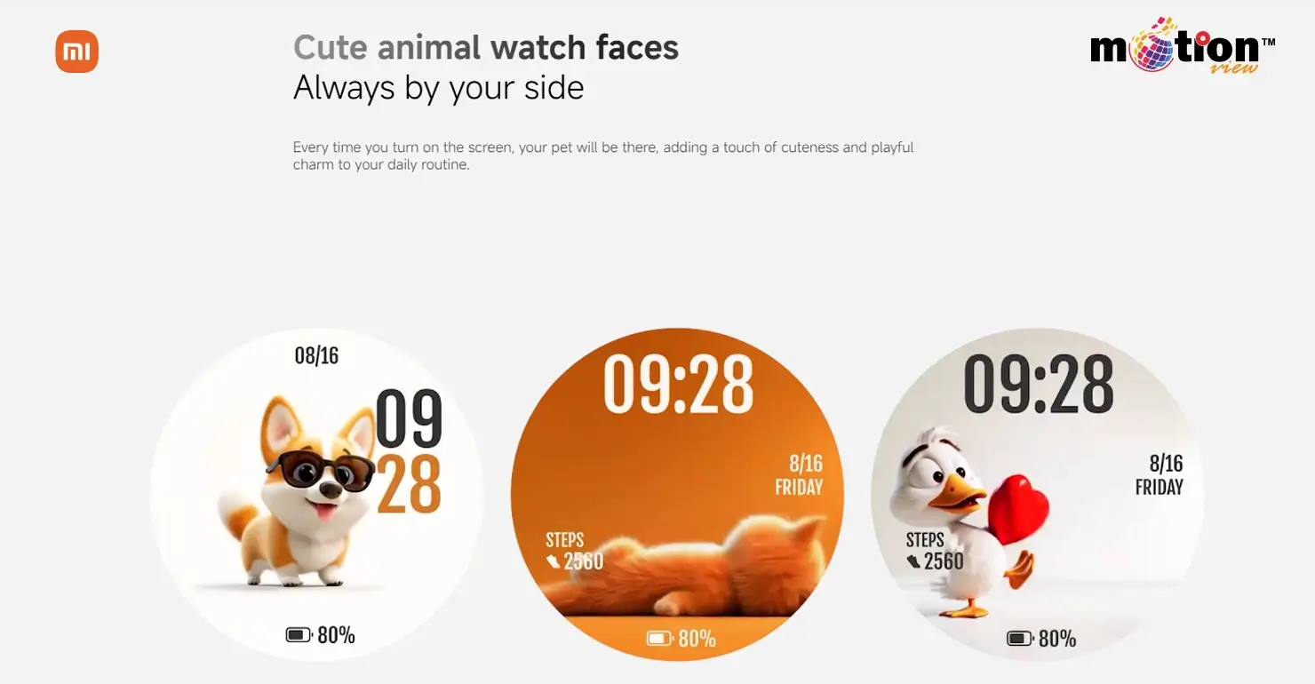 Playful animal-themed watch faces on the Xiaomi Watch S4 41mm Smart Watch including dog and duck designs.