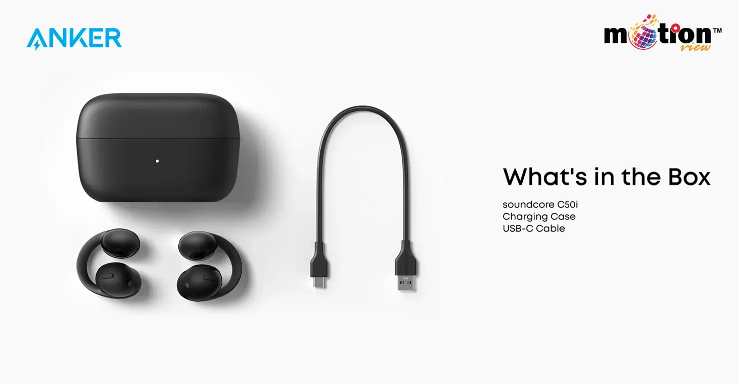 Anker Soundcore C50i open-ear earbuds unboxing kit including charging case and USB-C cable