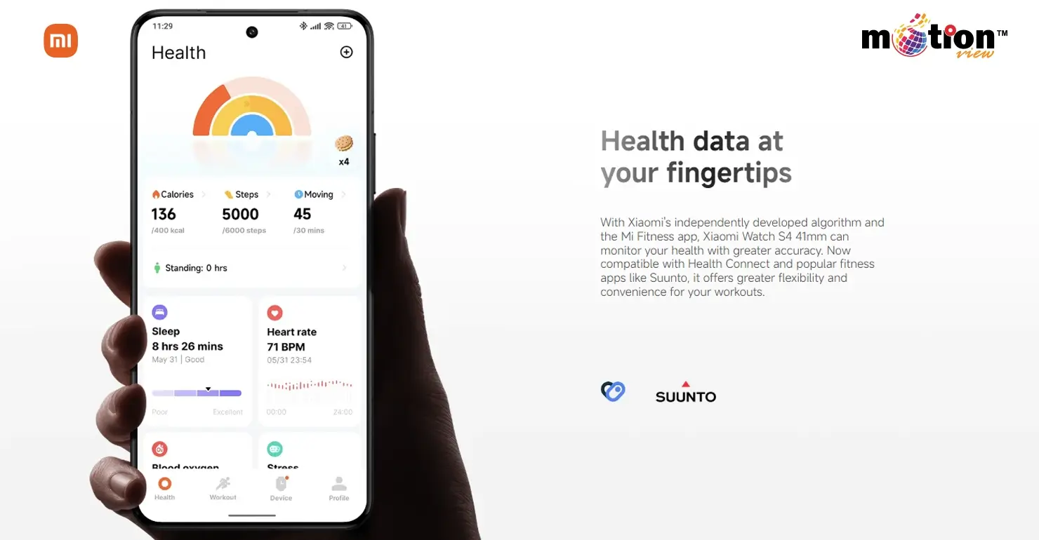 Mi Fitness app dashboard on a smartphone showing calories, steps, and Suunto app compatibility for Xiaomi Watch S4 41mm.