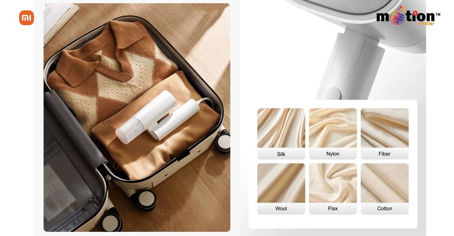 Collage showing the Xiaomi Handheld Garment Steamer 2 folded inside a suitcase for travel, alongside a fabric compatibility guide for silk, nylon, fiber, wool, flax, and cotton.