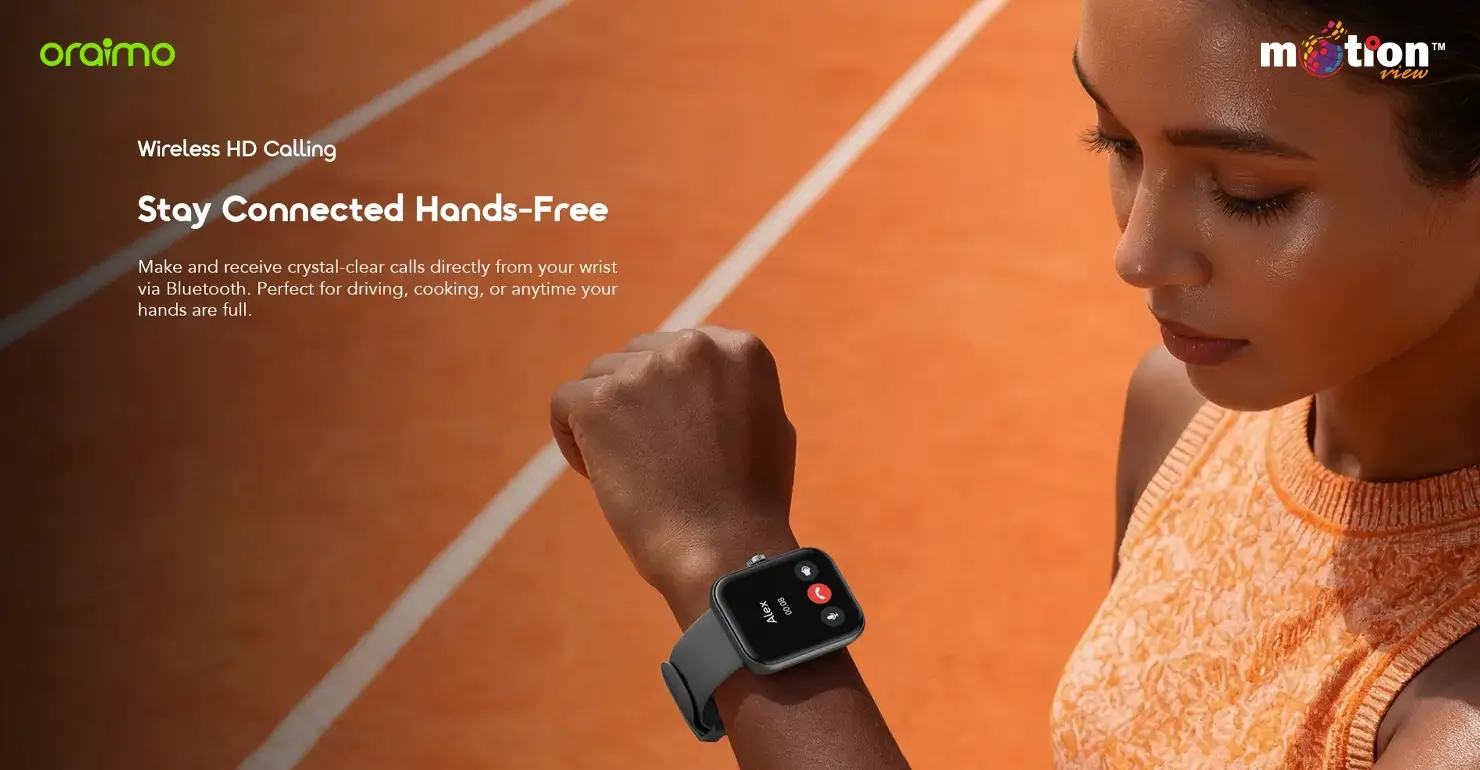 Woman outdoors using the wireless HD calling feature for hands-free communication on the oraimo Watch Nova 2N OSW-815N
