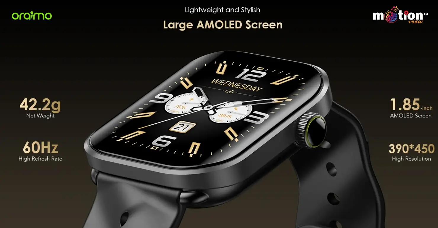 Close-up of the oraimo Watch Pro AM highlighting its lightweight 42.2g design and 1.85-inch large AMOLED screen with a smooth 60Hz refresh rate.