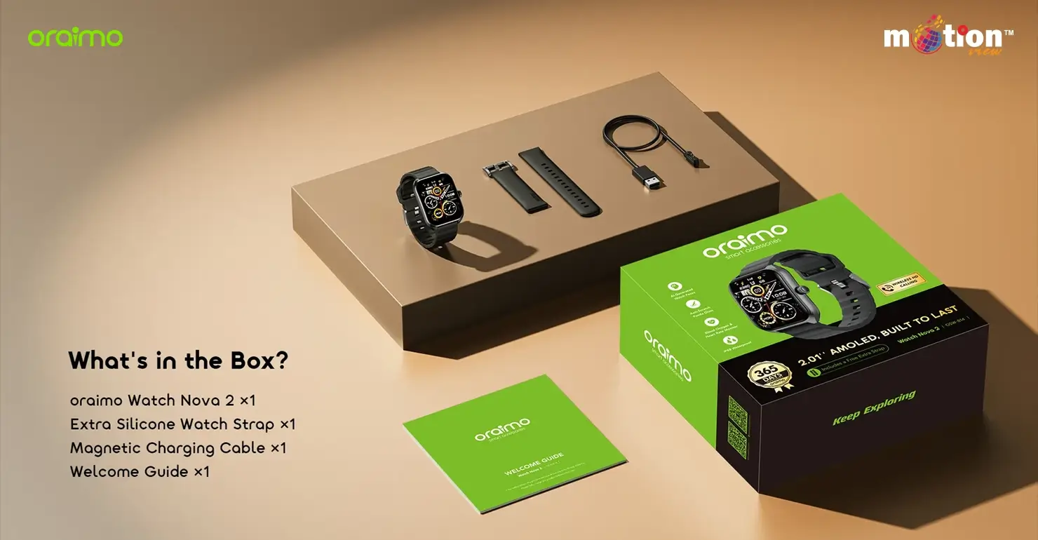 Unboxing contents of the oraimo Watch Nova 2, showing the smartwatch, an extra silicone strap, a magnetic charging cable, a welcome guide, and the green retail packaging.