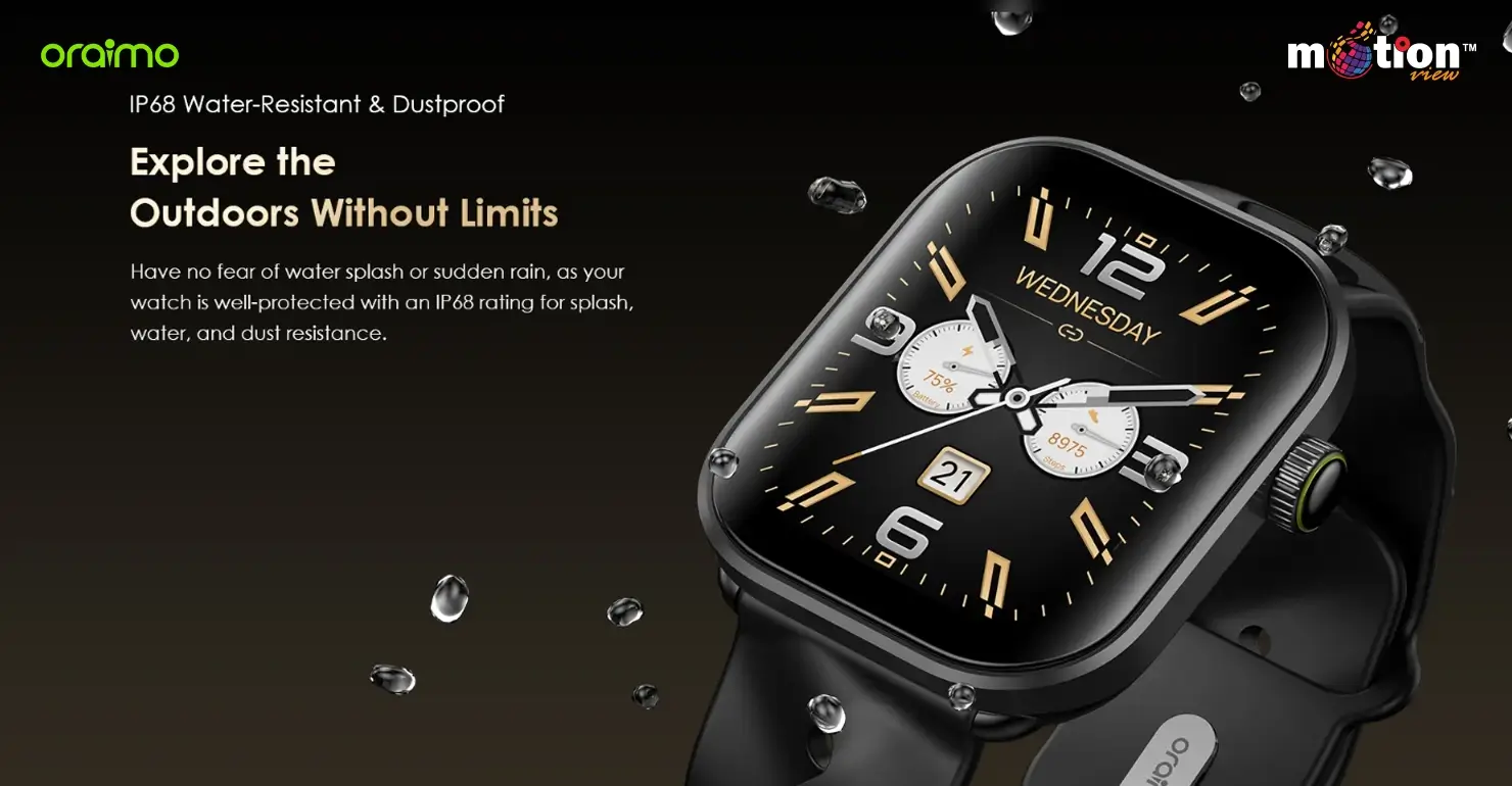 The oraimo Watch Pro AM smartwatch splashing with water droplets, highlighting its IP68 water-resistant and dustproof rating for outdoor activities.