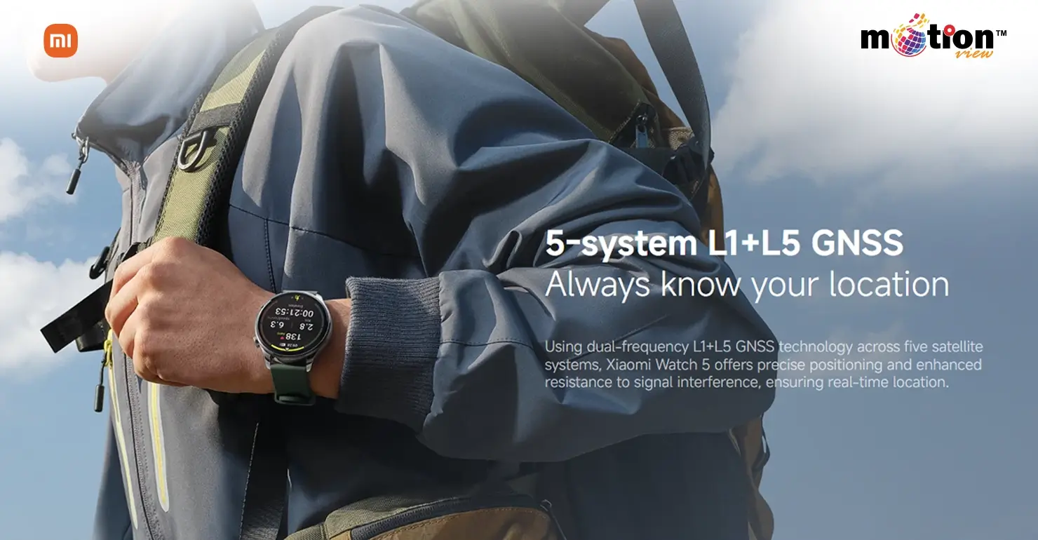 Xiaomi Watch 5 featuring 5-system L1+L5 GNSS dual-frequency technology for precise outdoor positioning and navigation.