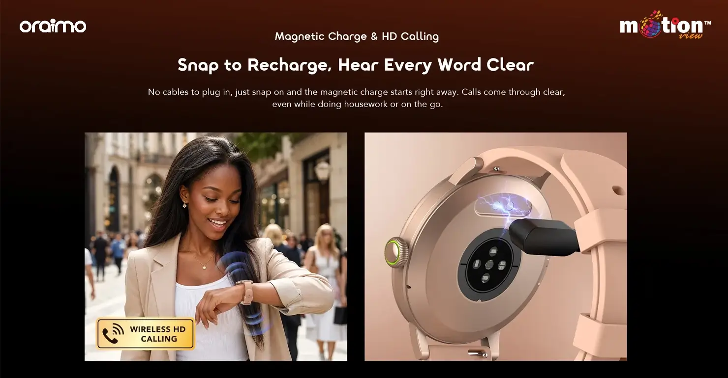A woman using wireless HD calling on the Oraimo Watch Muse 2 Lite, alongside a close-up of its snap-on magnetic charging port.