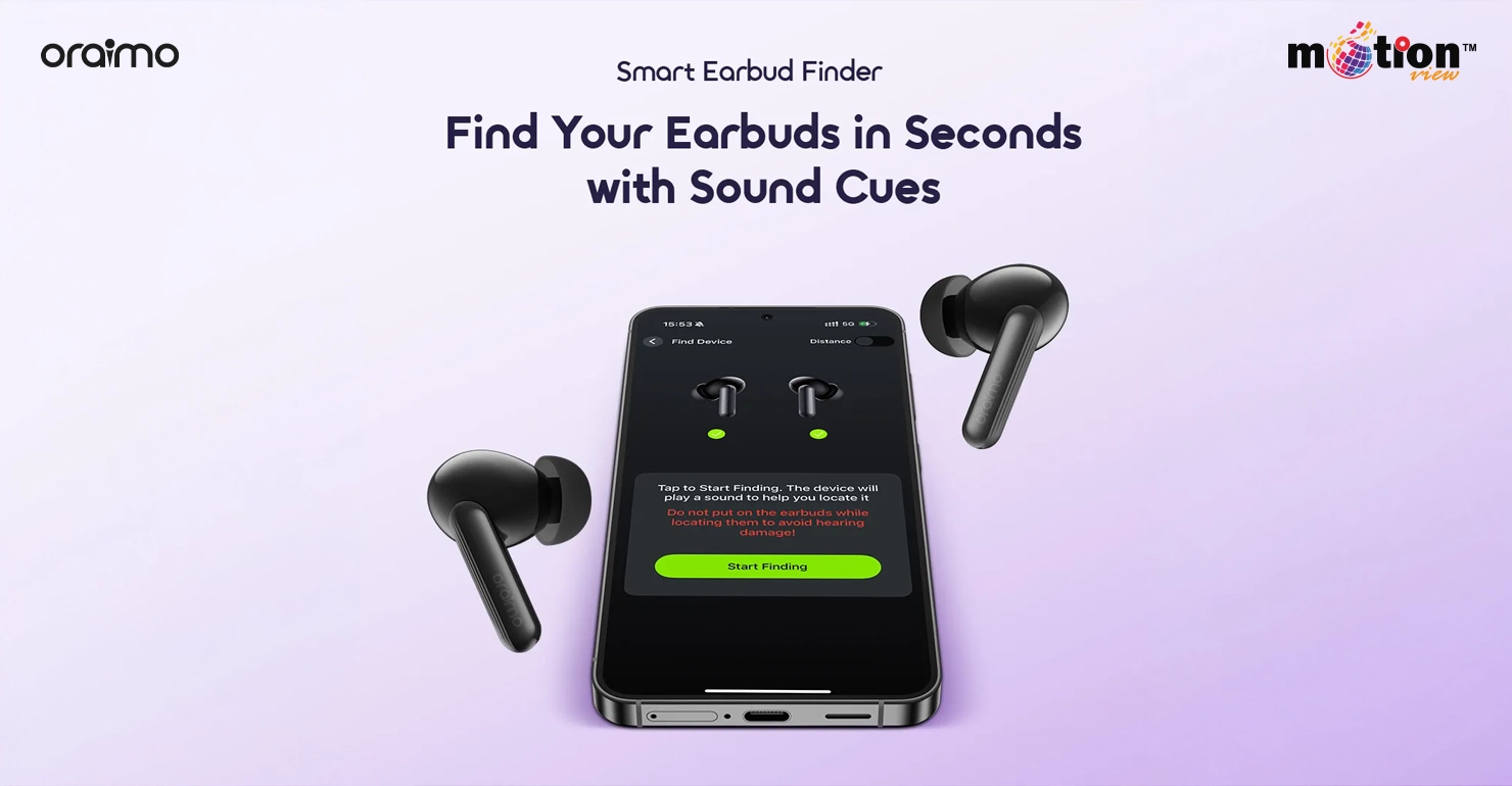 Smartphone displaying the Oraimo app's Smart Earbud Finder feature locating the black SpaceBuds Lite earbuds using sound cues.
