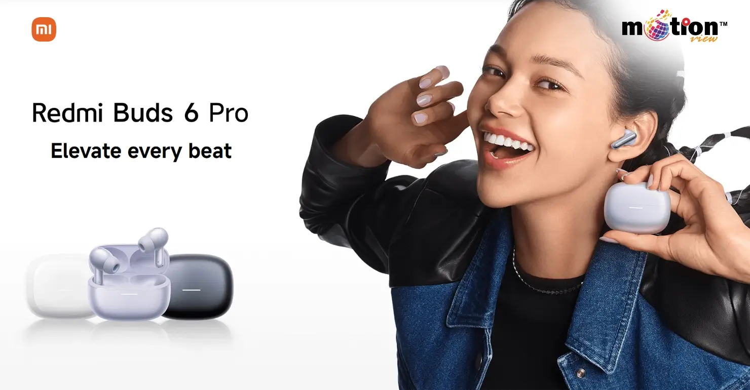 Redmi Buds 6 Pro wireless earbuds in white, purple, and black with lifestyle model wearing purple earbuds.