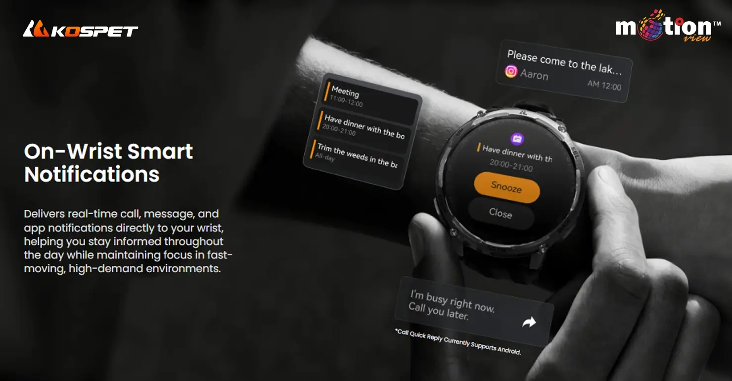 KOSPET Tank T4C smartwatch on wrist displaying on-wrist smart notifications and reminders
