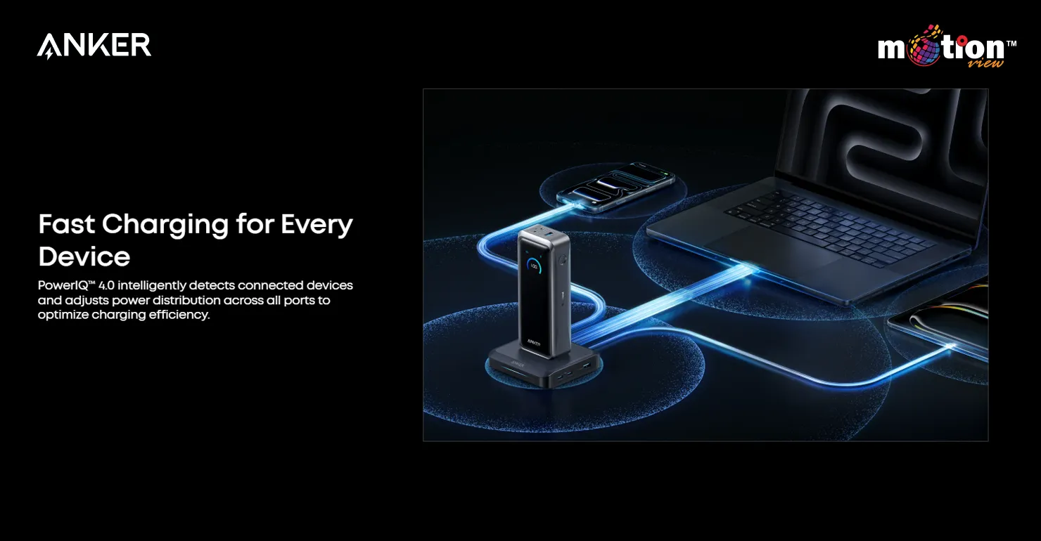 Anker Prime Charging Base fast charging a laptop, smartphone, and tablet simultaneously using PowerIQ 4.0