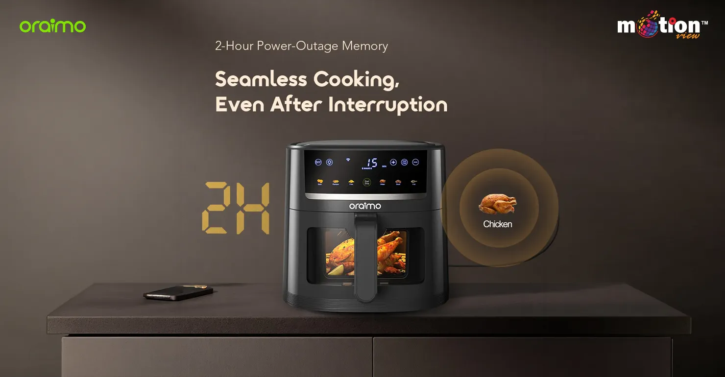 Oraimo NutriFry S1 Ultra air fryer illustrating its 2-hour power-outage memory feature for seamless cooking recovery after electrical interruptions.